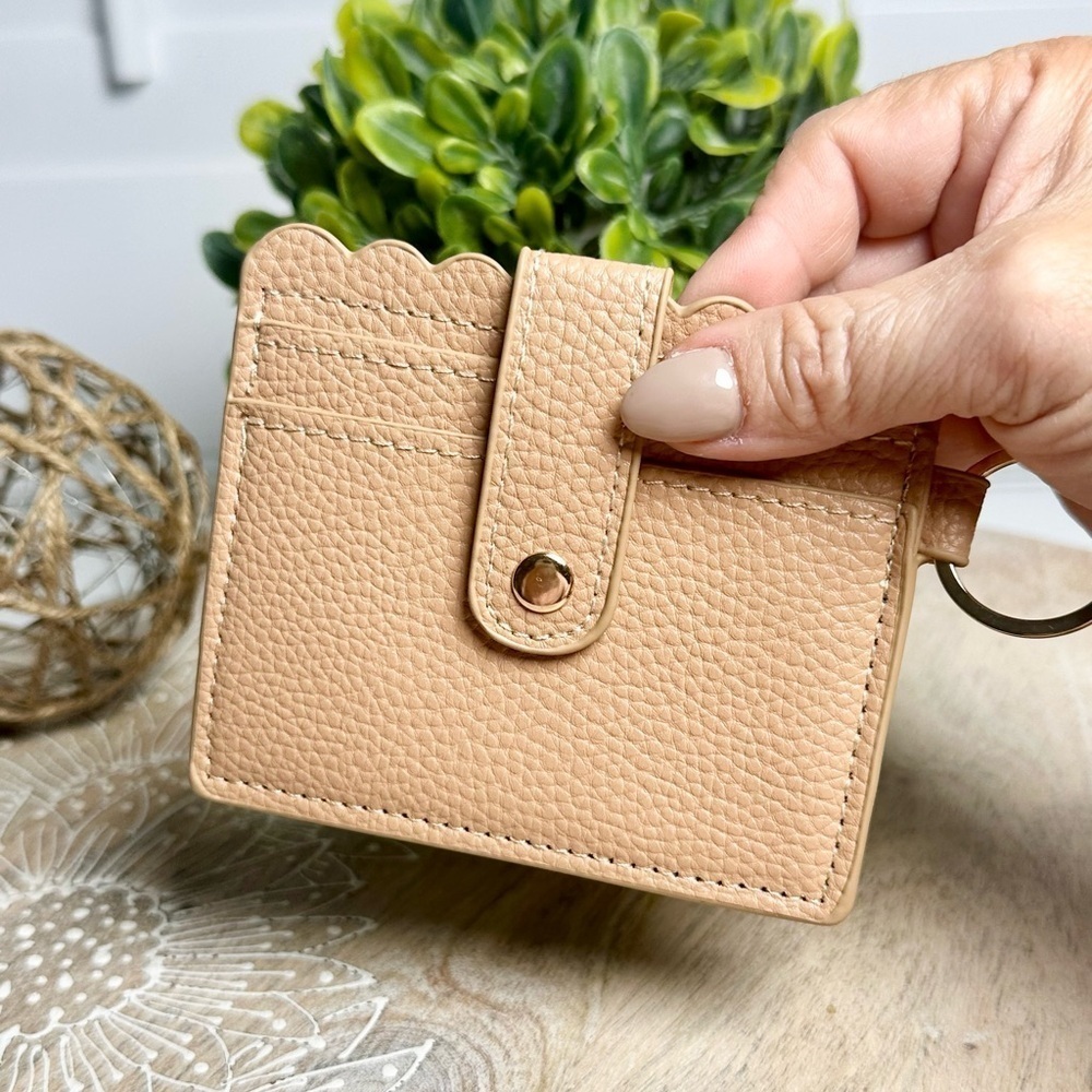Card Holder Wristlet with Handmade Beaded Keychain in Tan - Picture 5 of 9